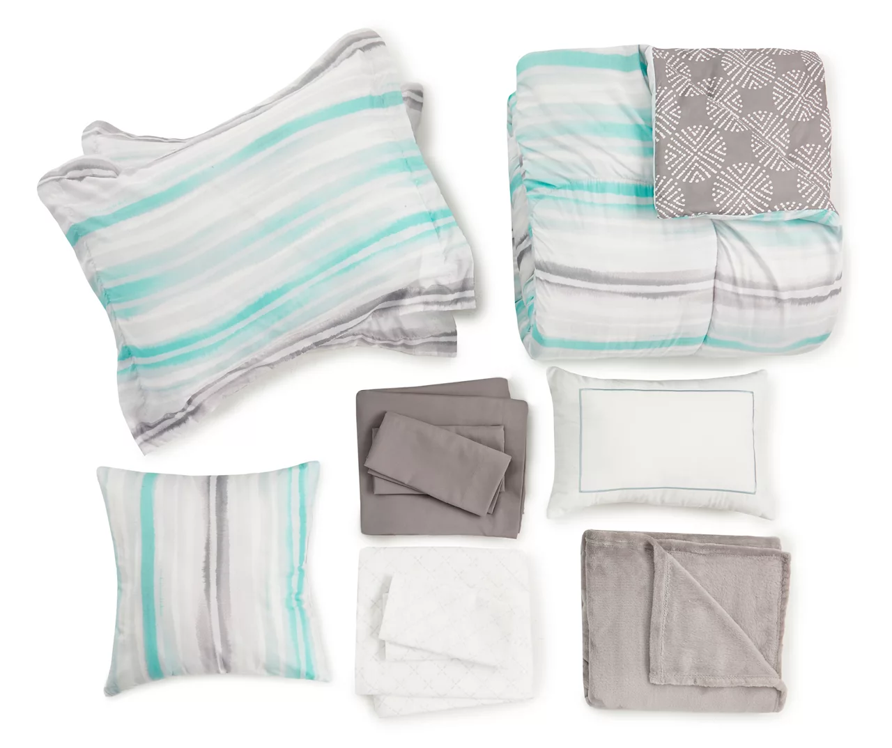 Aqua & Gray Stripe Queen 14-Piece Reversible Comforter Set
