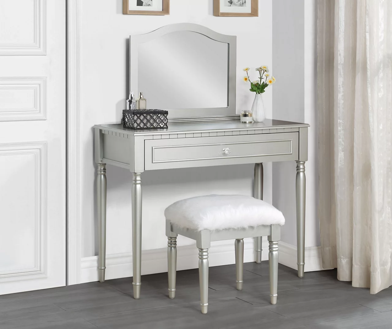 Vanity Table Set With Mirror & Faux Fur Stool - Image 3