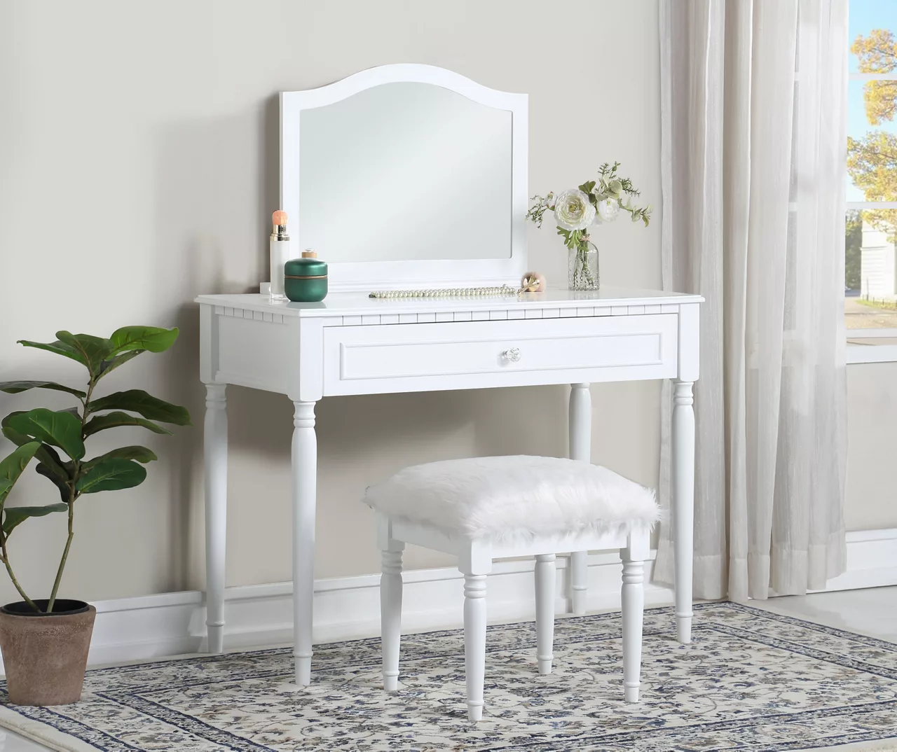 Vanity Table Set With Mirror & Faux Fur Stool - Image 2