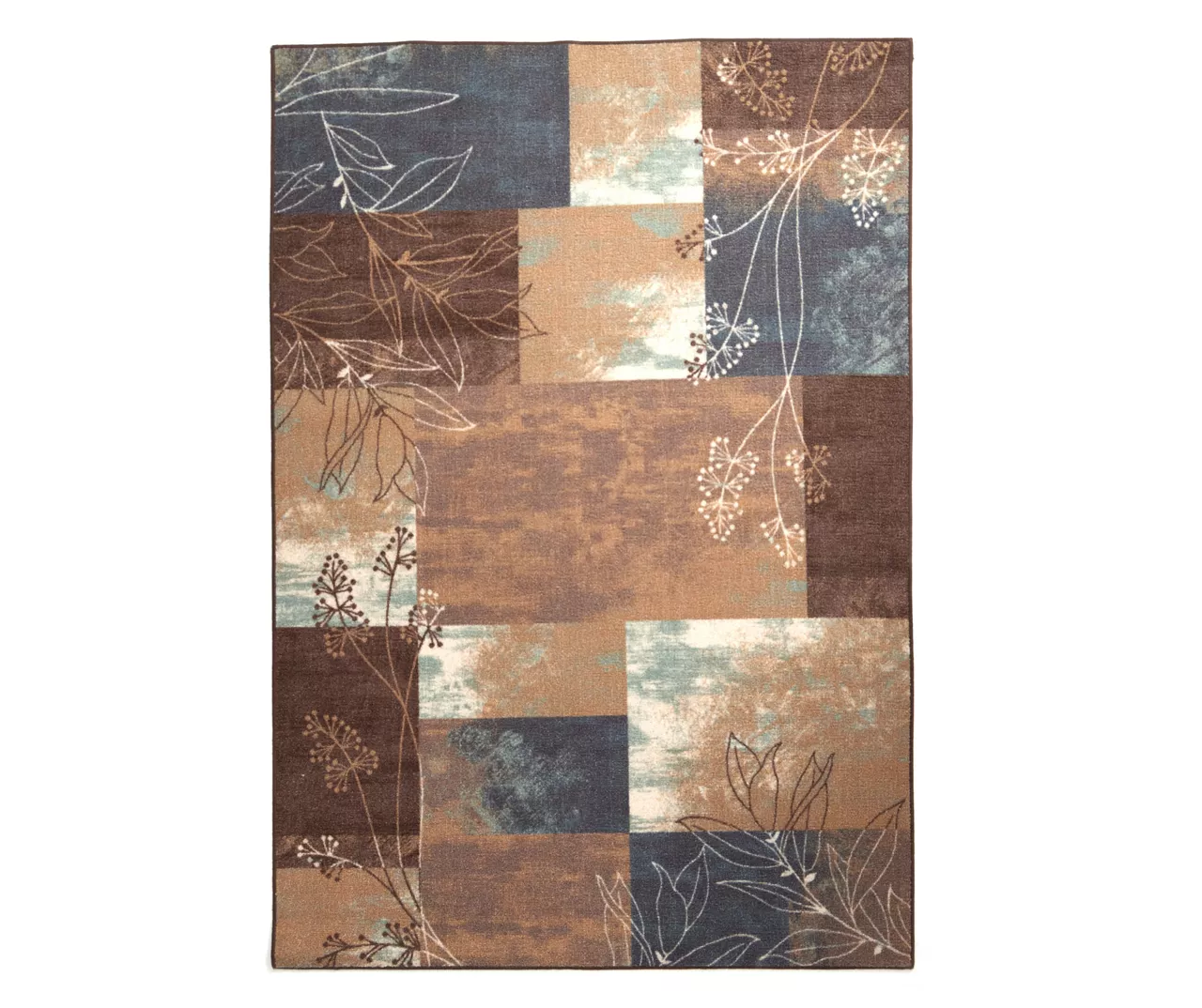 Navy & Brown Illustrated Floral Color Block Area Rug, (5' X 7')